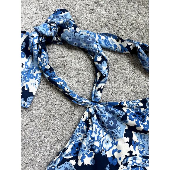 Tory Burch Blue Floral Silk Halter Neck Midi Dress - Picture 4 of 9